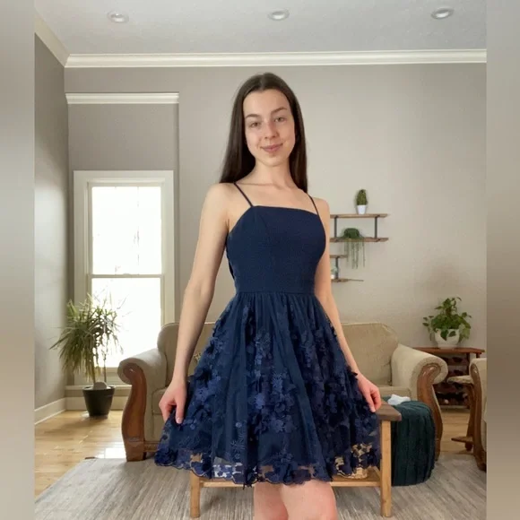 Three Hearts | Dresses | Navy Blue Homecoming Dress With Floral Detailing |  Poshmark